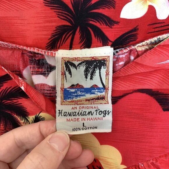 Vintage Hawaiian Togs Red Mumu Dress Large Palm Trees Hibiscus - Picture 14 of 15